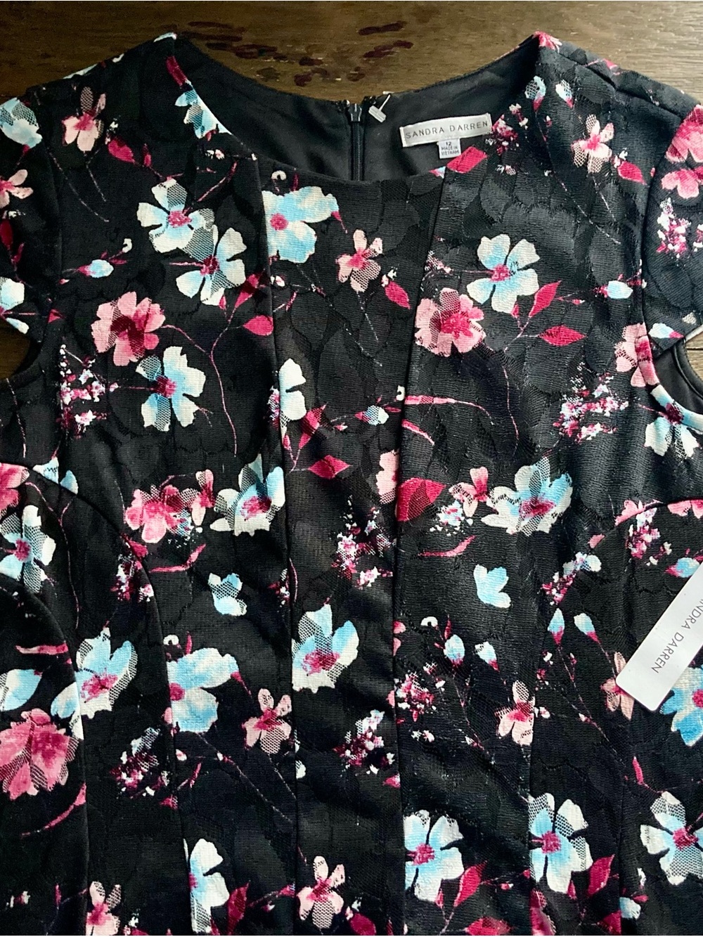 Sandra Darren Black Floral Short Sleeve Tunic with Pink & Blue Blooms NWT